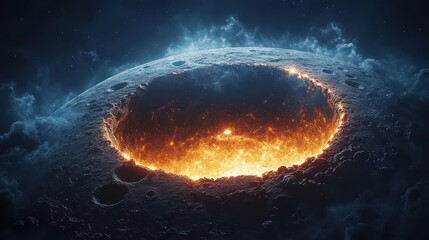 Cosmic impact creates a fiery crater on a celestial body.
