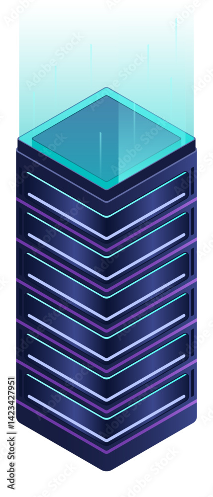 Poster isometric futuristic server. isometric database or data center. abstract blockchain. computer storag