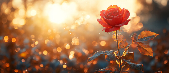 Single red rose in warm sunlight.