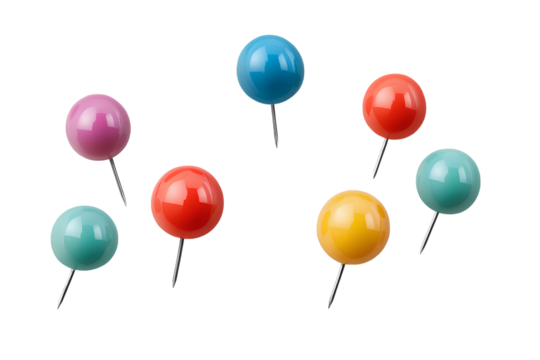 Set of colorful push pins isolated on a transparent background PNG