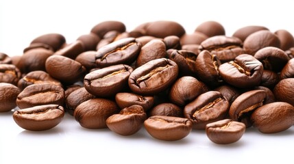Naklejka premium Aromatic coffee beans piled high on a clean white backdrop, visual delight