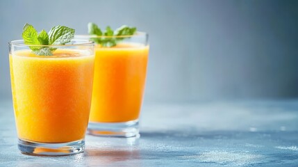 Fototapeta premium Two glasses of refreshing orange juice with fresh mint on a rustic wooden table