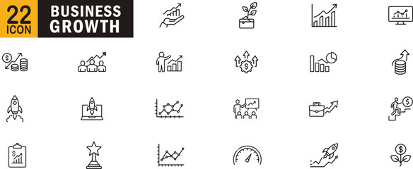 Business growth editable outline icon set. Profit chart success revenue development and more.