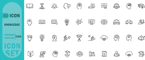 Knowledge editable outline icon set. Education, learning, reading, creativity, intelligence, ideas, skills, growth, innovation and more.