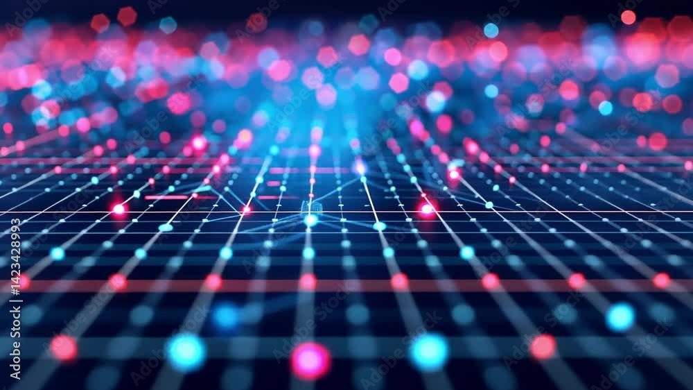 Poster vibrant digital landscape with grid of glowing dots in red and blue, creating depth and movement for