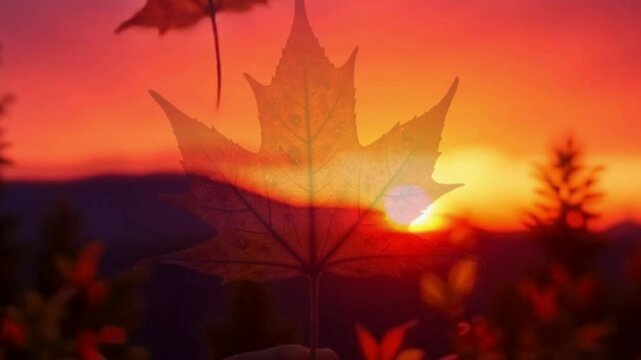 Autumn maple leaf backlit by sunset glow
