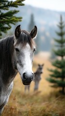 Obraz premium Majestic gray horse stands in a golden field with another horse in the background surrounded by evergreen trees