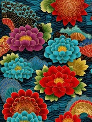 Vibrant Red Blue Purple Chrysanthemum Floral Textile Design