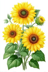 Fototapeta premium Vibrant Yellow Sunflowers Botanical Illustration