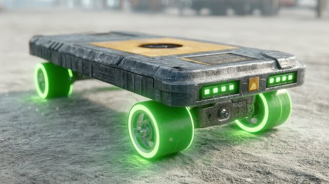 Futuristic Glowing Green Skateboard on Grey Asphalt