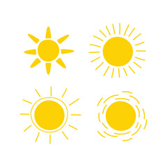Cartoon shining Sun icons isolated background. Hand drawn vector doodle with Summer symbols, day-star rays, sunny weather. Design illustration for logo, sign, label, print, paper, card. Weather, heat