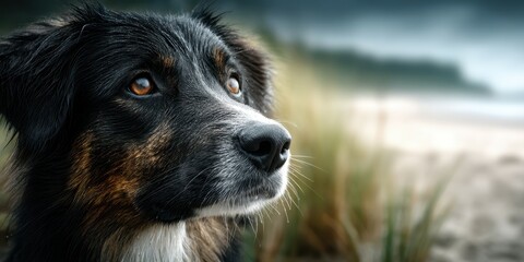 Dog gazing thoughtfully at the beach during late afternoon light with gentle waves in the background