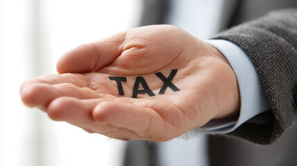 Tax Burden: A businessman's open hand displays the word "TAX" in bold black letters, symbolizing the weight and responsibility of financial obligations.  