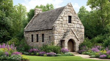 Stone Cottage in a Vibrant Garden