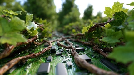 The Beautiful Blend of Nature and Technology Illustrated by Greenery on a Circuit Board