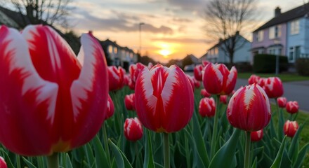 Obraz premium Red and White Striped Tulips Blooming Along a Suburban Street at Sunset
