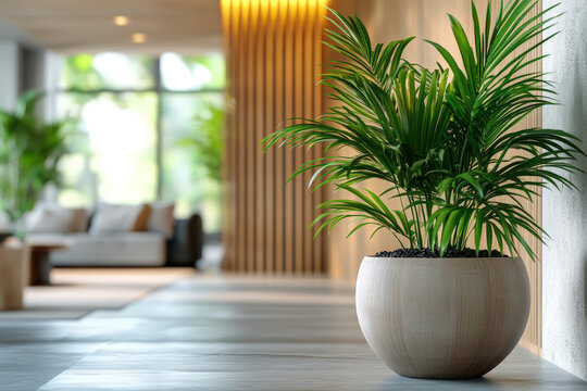 Modern Interior with Potted Green Plant. A lush green potted plant graces the corner of a modern, minimalist interior, creating a tranquil and inviting atmosphere.