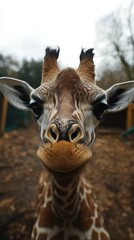 Close view of a curious giraffe looking directly at the camera in an animal sanctuary during late afternoon