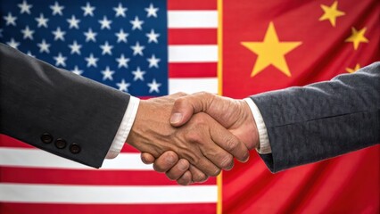 A handshake between individuals in front of the flags of the USA and China symbolizes diplomacy and international relations.