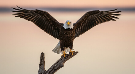 Obraz premium Eagle Spreading Wings Perched on Branch Against Soft Sky