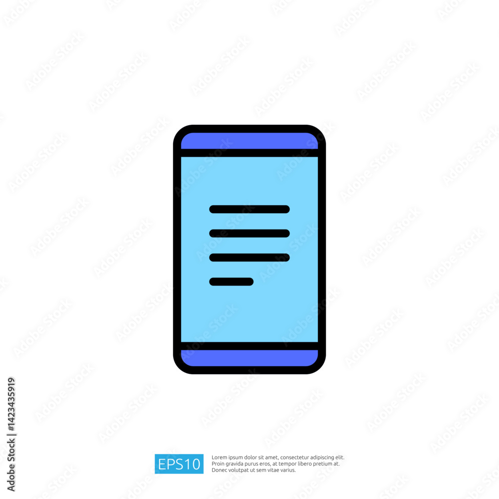 Poster mobile device icon with screen displaying text in modern minimalist design for education and science