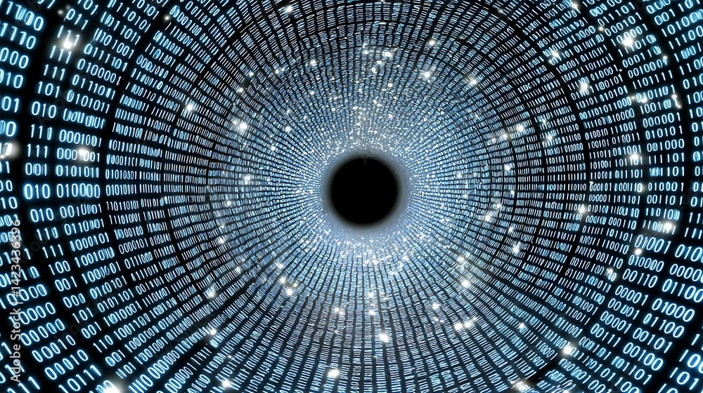 Poster the infinite journey through data and code represented by a digital tunnel