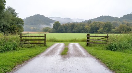 Rural pathway through a grassy field, leading to a misty valley