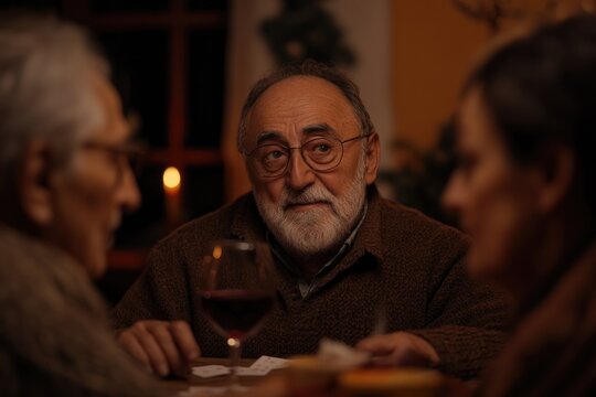 Warm gathering of elderly individuals sharing stories over drink