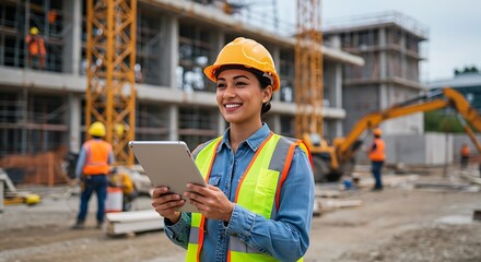 Smiling Female Construction Engineer Using a Tablet on a Construction Site