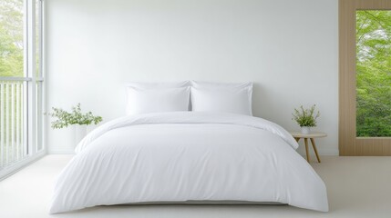 Simple, modern bedroom with a clean, white aesthetic.  Spacious and bright