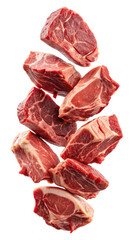 Obraz premium Fresh Chuck Beef Cubes Stacked in Mid Air on Isolated White Background