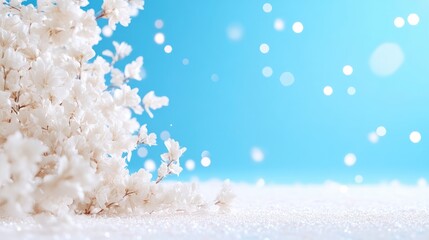 White blossoms on a glittering surface with a light blue background, soft bokeh and falling snow
