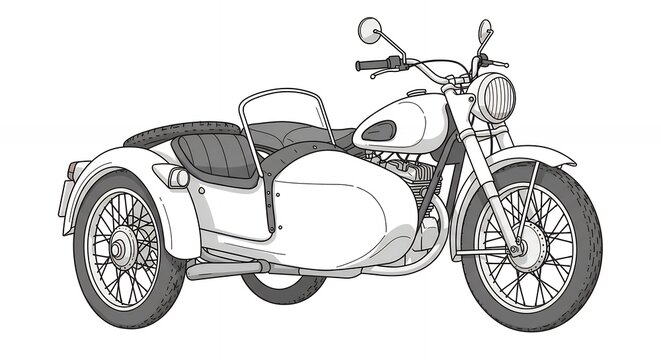 Vintage motorcycle sidecar classic vehicle illustration gray scale line art design