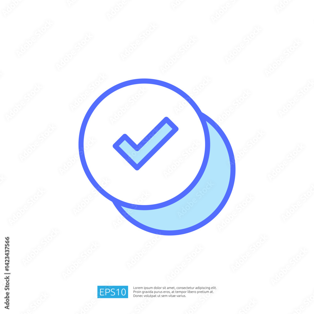 Poster check mark icon for validation and approval with blue circular design representing confirmation in e