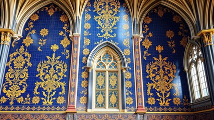 Fototapeta premium Majestic Gothic images, Majestic Gothic Archway with Deep Blue and Gold Ornate Ceilings, Royal Gothic Corridor with Dreamy Blue-Gold Arches – A Touch of Magic & Majesty