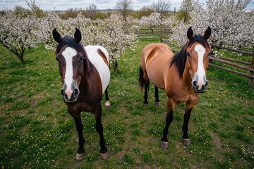 Obraz premium Horses Grazing, Orchard, Spring Landscape, Wide Angle, Pastoral, Nature Photography, Idyllic Atmosphere