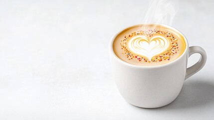 Latte Art Coffee Sprinkles, Minimalist Style, High-Resolution Warm Lighting, Close-Up Side View, Creamy Texture, Morning Enjoyment, White Background, Warm Beige Tones, Perfect for Cafe Menus