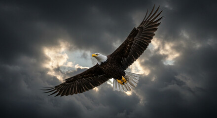 Fototapeta premium Eagle Flying Against Dramatic Sky with Sunlight Breaking Through Clouds