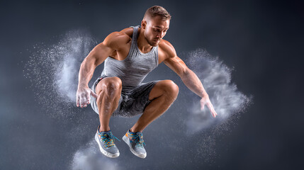Jump squat mid-air, particles of chalk and sweat flying