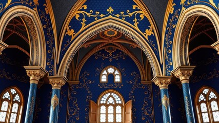 Fototapeta premium Majestic Gothic images, Majestic Gothic Archway with Deep Blue and Gold Ornate Ceilings, Royal Gothic Corridor with Dreamy Blue-Gold Arches – A Touch of Magic & Majesty