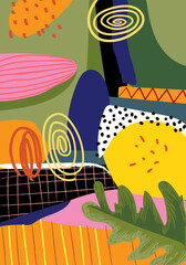 Abstract floral pattern, flowers and leaves shapes colorful hand drawn vector illustration bacckground. Design for wall art, prints, decoration, cards, wallpaper.