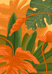 Abstract floral pattern, flowers and leaves shapes colorful hand drawn vector illustration bacckground. Design for wall art, prints, decoration, cards, wallpaper.