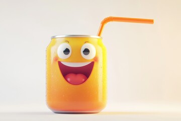 A happy yellow can with a straw, covered in condensation, expresses joyful refreshment.