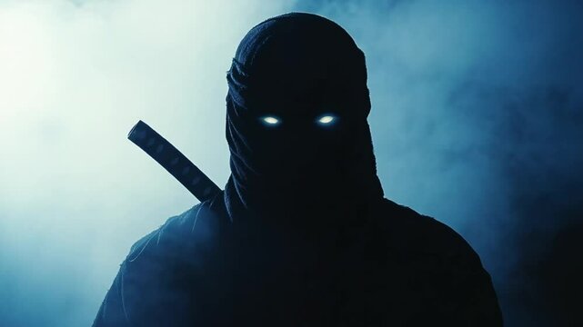 Mysterious ninja warrior cloaked in shadow with glowing eyes in a smoky atmosphere