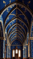 Obraz premium Majestic Gothic images, Majestic Gothic Archway with Deep Blue and Gold Ornate Ceilings, Royal Gothic Corridor with Dreamy Blue-Gold Arches – A Touch of Magic & Majesty