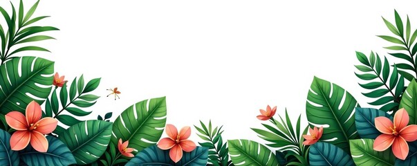 Seamless jungle tree and flower border on white background, tropical, floral