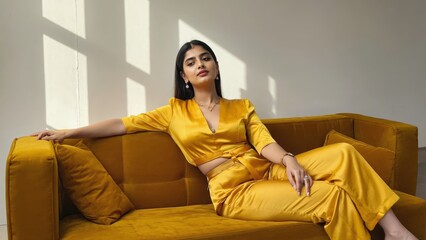 Obraz premium Woman in a bright yellow outfit lounging on a modern couch, showcasing contemporary style and trendy clothes.