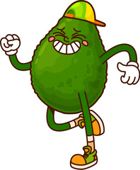 Running avocado groovy cute character wearing cap. Organic avocado retro cheerful mascot, tropical fruit vintage cartoon vector cute personage. Vegan food 60s 70s groovy happy character doing fitness