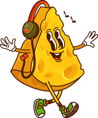 Cheese groovy funny character listening music. Edam hard cheese piece funny mascot, emmental milk product vintage groovy vector character. Cheddar dairy food cartoon cute character wearing headphones