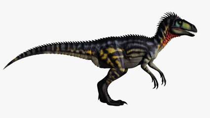 Obraz premium Digital illustration of a velociraptor in motion, depicted with vibrant colors and detailed feathers.